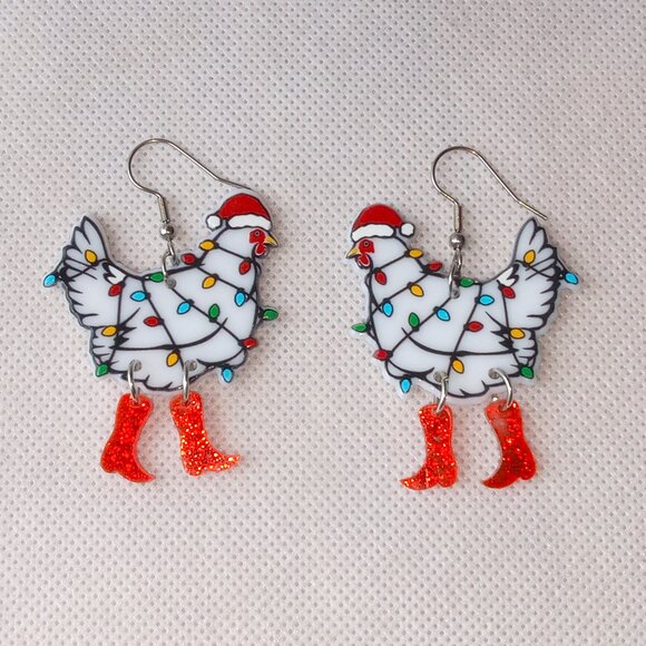 Cute Christmas Chicken Earrings, Chickens with Red Boots & Christmas Lights - Picture 2 of 5